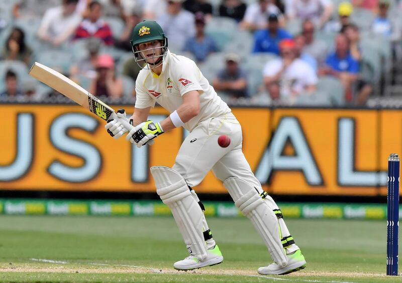 FILE - A Friday, Dec. 29, 2017 file photo of Australia's Steve Smith pulling the ball against England during the fourth day of their Ashes cricket test match in Melbourne, Australia. Captain Steve Smith is the No. 1 batsman in test cricket after a stupendous series against England, the Marsh brothers form a mean middle order to follow the likes of Smith and opener David Warner, and off-spinner Lyon provides an additional bowling threat on pitches more suited to spin, like the first three venues for this series. (AP Photo/Andy Brownbill, File)