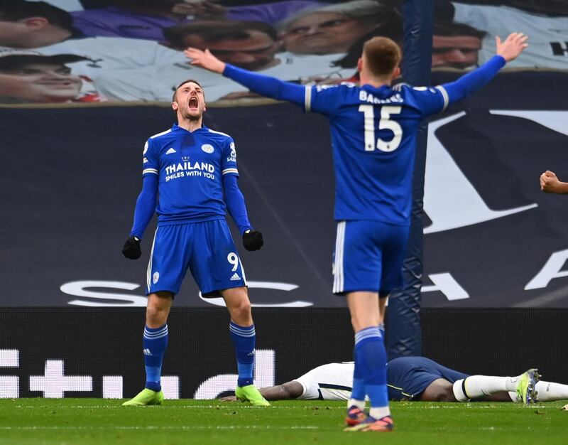 Jamie Vardy of Leicester  celebrates after Toby Alderweireld of Tottenham scored an own goal. EPA