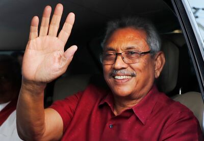 Gotabaya Rajapaksa waves to supporters in Colombo after the announcement of his election victory on November  17, 2019. AP Photo