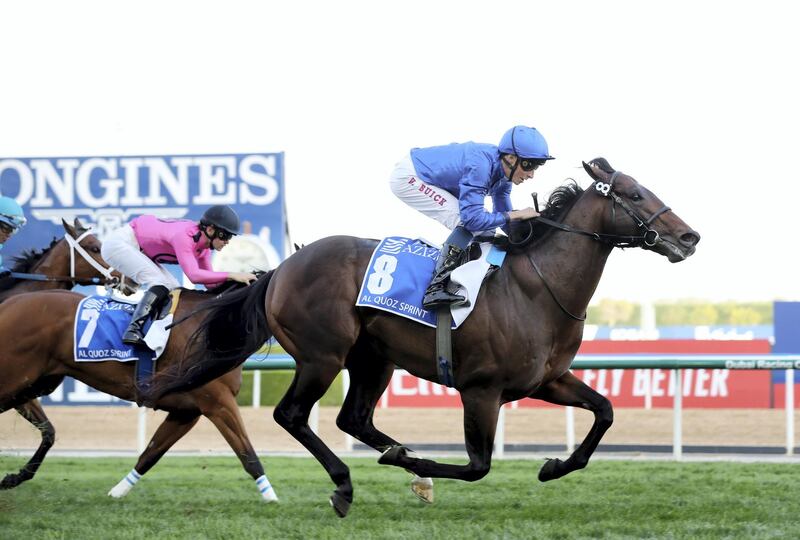 Dubai, United Arab Emirates - March 30, 2019: Blue Point ridden by William Buick wins the Al Quoz Sprint during the Dubai World Cup. Saturday the 30th of March 2019 at Meydan Racecourse, Dubai. Chris Whiteoak / The National