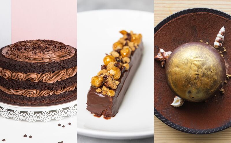From left: The Choco Loco cake by SugarMoo, LPM’s Coffee Chocolate Bar and Quattro Ristorante’s Chocolate Saturn