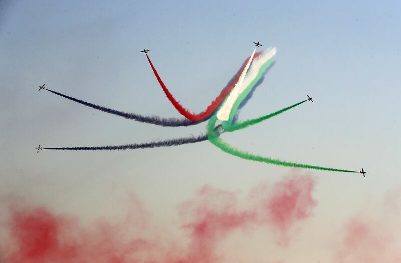 Air show display on the last day at the EXPO 2020 site in Dubai. Pawan Singh / The National