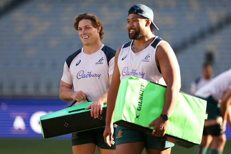 Michael Hooper and Folau Fainga'a during the Australian Wallabies captain's run at Optus Stadium. Getty