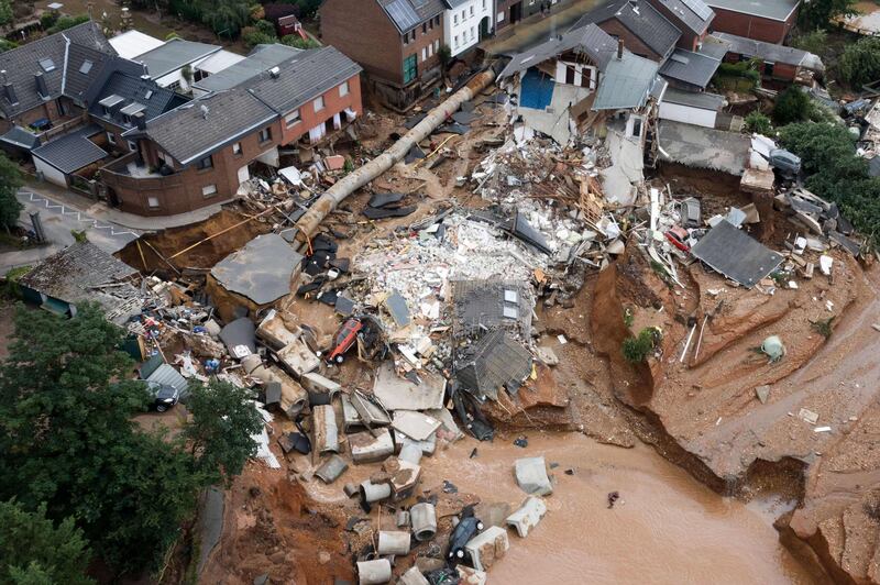 An aerial view shows an area completely destroyed by the floods in the Blessem district of Erftstadt, western Germany.