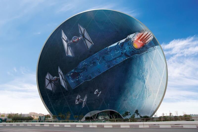 Provided image showing what the Aldar HQ building in Abu Dhabi will look like after the Star Wars screen is attached

Courtesy twofour 54 *** Local Caption ***  Aldar_Headquarters_Building-web.jpeg