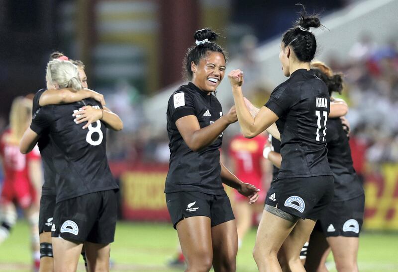 Dubai, United Arab Emirates - December 07, 2019: New Zealand celebrate the win after the match between New Zealand and Canada in the womens final at the HSBC rugby sevens series 2020. Saturday, December 7th, 2019. The Sevens, Dubai. Chris Whiteoak / The National