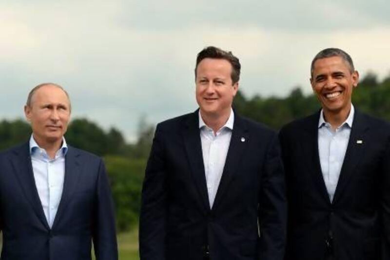 Russian president Vladimir Putin, British prime minister, David Cameron, and US president Barack Obama at the G8 Summit in Lough Erne, Northern Ireland, where leaders from Canada, France, Germany, Italy, Japan, Russia, the USA and the UK met.