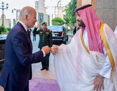 Saudi Crown Prince Mohammed bin Salman greets US President Joe Biden after his arrival at Al Salam palace in Jeddah last July. AP Photo