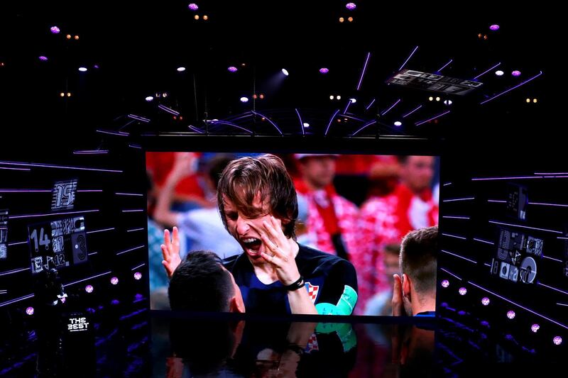 LONDON, ENGLAND - SEPTEMBER 24:  A general view of the big screen showing Luka Modric of Real Madrid, winner of The Best FIFA Men's Player 2018 during the The Best FIFA Football Awards Show at Royal Festival Hall on September 24, 2018 in London, England.  (Photo by Dan Istitene/Getty Images)