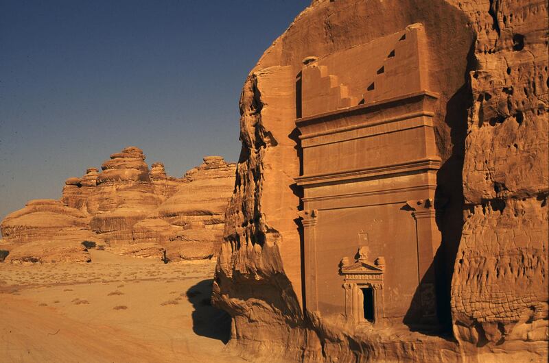 Nabatean rock-cut tombs at Madain Saleh, near Al-Ula, Saudi Arabia. Amar Grover for the National. for travel story saudi