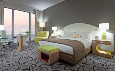 A luxury room overlooking the Dubai coastline. Courtesy of Softel Dubai Downtown
