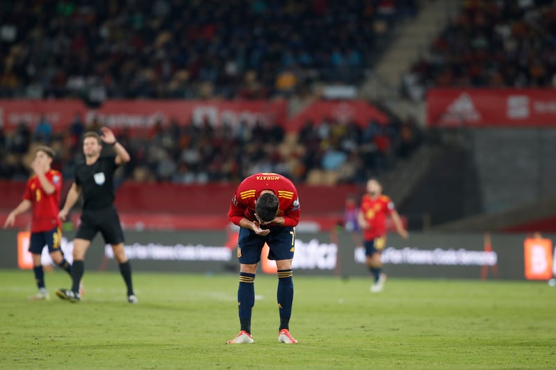 Alvaro Morata at the final whistle after his goal sent Spain to the 2022 World Cup. AP Photo