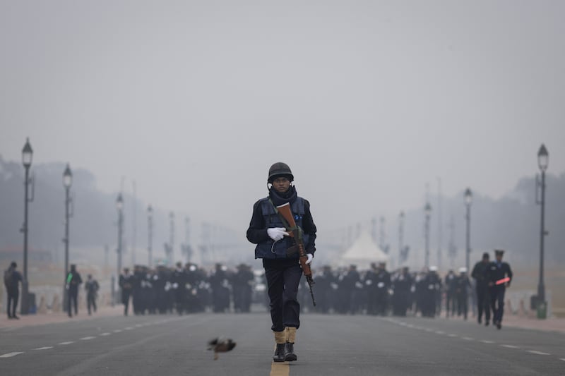 Indian Navy soldiers rehearse for the Republic Day parade in Delhi. Reuters