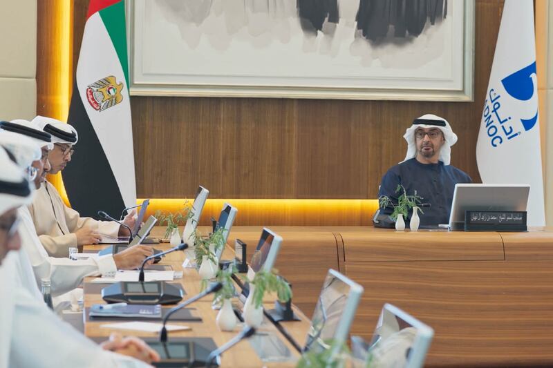 President Sheikh Mohamed presided over the annual meeting of the Adnoc board. Photo: Abu Dhabi Media Office