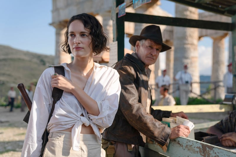 Helena Shaw (Phoebe Waller-Bridge) and Indiana Jones (Harrison Ford) aim to recover a world-changing ancient artefact in Indiana Jones and the Dial of Destiny. Photo: Lucasfilm Ltd