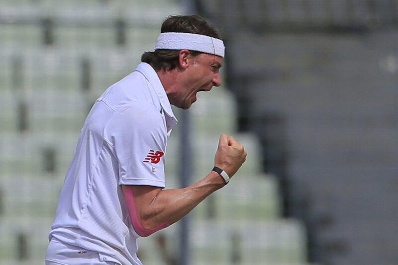 South Africa’s Dale Steyn celebrates after the dismissal of Bangladesh’s Mahmudullah during the first day of the second Test . A.M. Ahad / AP Photo