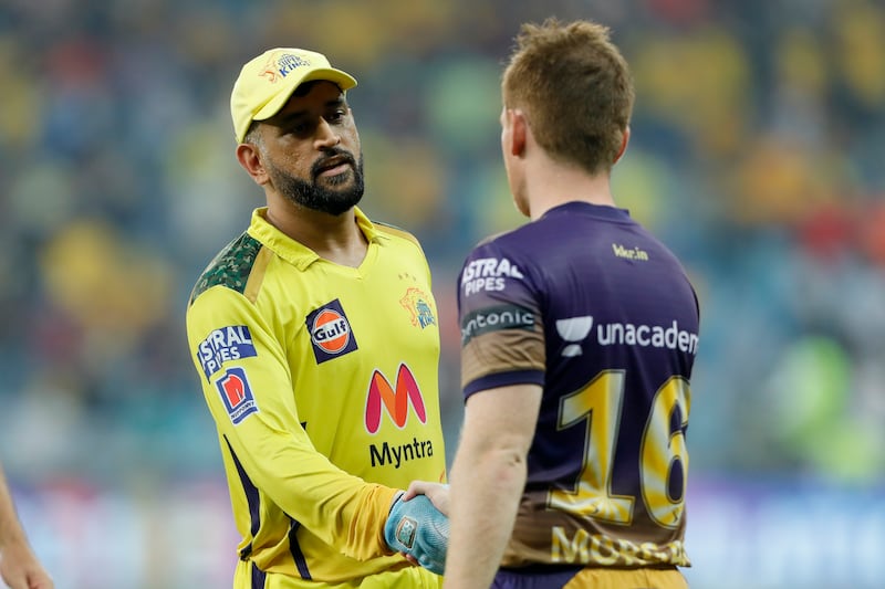 MS Dhoni, captain of Chennai Super Kings, and Eoin Morgan, captain of Kolkata Knight Riders.