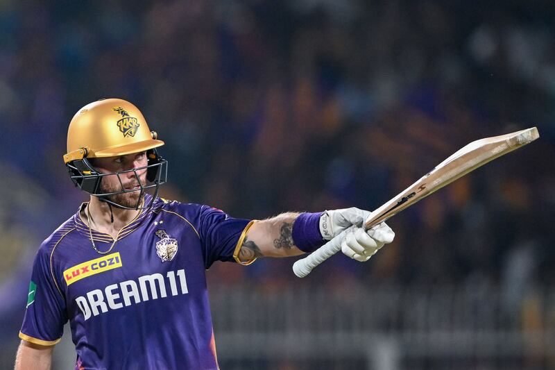 Kolkata Knight Riders' Phil Salt celebrates after reaching a half-century on his way to a total of 89 off 47 balls in the eight-wicket Indian Premier League victory against Lucknow Super Giants at Eden Gardens, Kolkata, on April 14, 2024. AFP