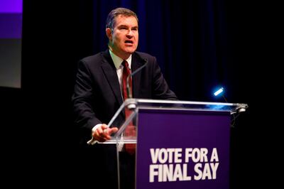British politician David Gauke speaks during the 'Stop The Brexit Landslide', organised by the Vote for a Final Say campaign and For our Future's Sake, at London's Mermaid Theatre in London on December 6, 2019. Britain will go to the polls on December 12, 2019 to vote in a pre-Christmas general election. / AFP / Tolga Akmen
