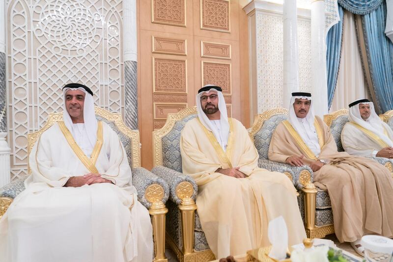 ABU DHABI, UNITED ARAB EMIRATES - September 18, 2018: (L-R) HH Lt General Sheikh Saif bin Zayed Al Nahyan, UAE Deputy Prime Minister and Minister of Interior, HE Mohamed Abdulla Al Gergawi, UAE Minister of Cabinet Affairs and the Future, HE Ahmed Juma Al Zaabi, UAE Deputy Minister of Presidential Affairs and HE Dr Anwar bin Mohamed Gargash, UAE Minister of State for Foreign Affairs, attend the swearing-in ceremony for ministers of the United Arab Emirates.

(Rashed Al Mansoori / Crown Prince Court - Abu Dhabi )
---