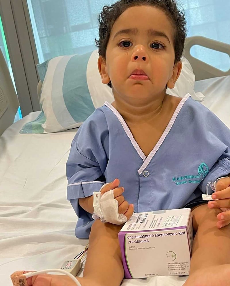 Rasheed, 2, is able to sit up after receiving a dose of the world's most expensive prescription drug to treat his spinal muscular atrophy. Photo: Al Jalila Children’s Specialty Hospital