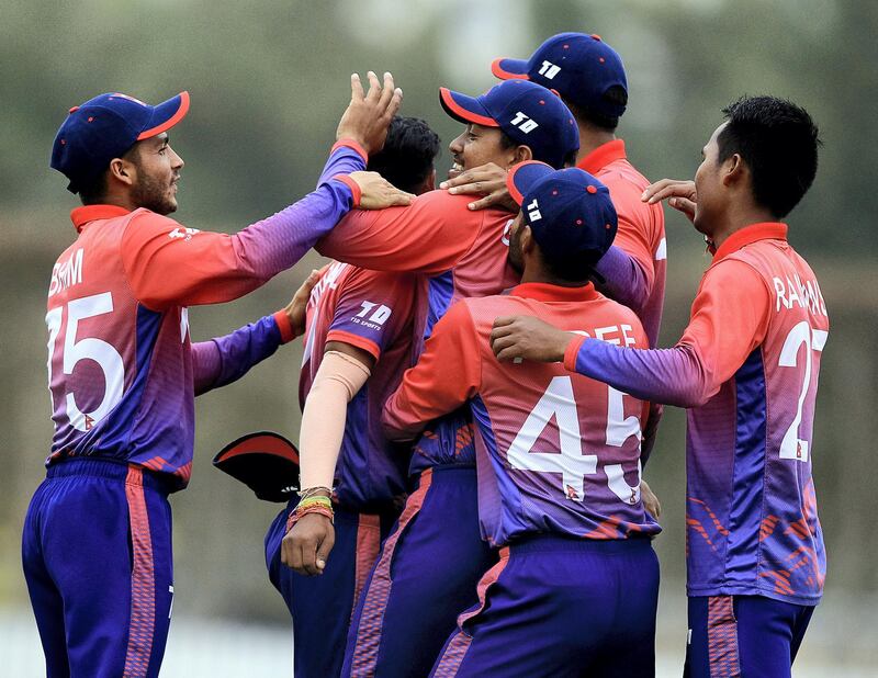 Dubai, February, 03,2019: Nepal Cricket team celebrates  celebrates a dismissal during the final T20 matc against UAE at the ICC Global Academy in Dubai. Satish Kumar/ For the National / Story by Paul Radley