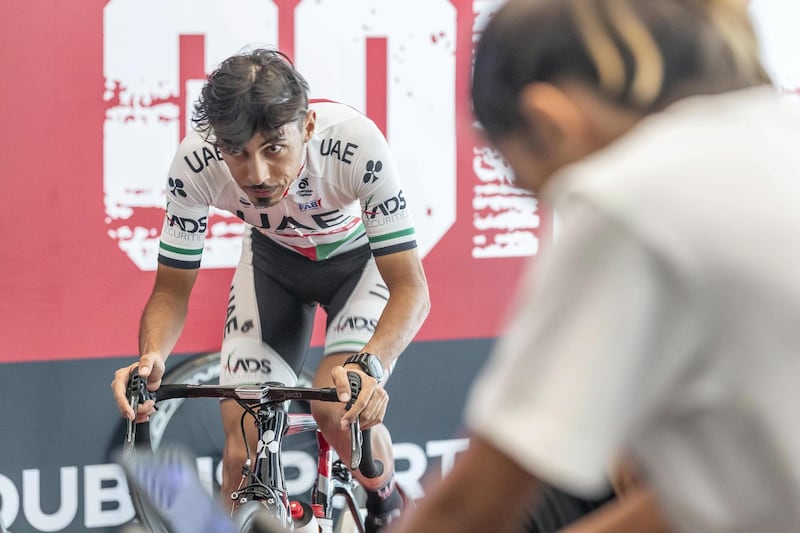 DUBAI, UNITED ARAB EMIRATES. 26 MAY 2018. Launch of the UAE Team Emirates Youth Academy. UAE Cycling team members Yousif Mirza and Vegard Stake Laengen attend the spacial launch while a cycling class is conducted at the Dubai Sports World facility in the Dubai World Trade Center. (Photo: Antonie Robertson/The National) Journalist: Amith Passela. Section: Sport.