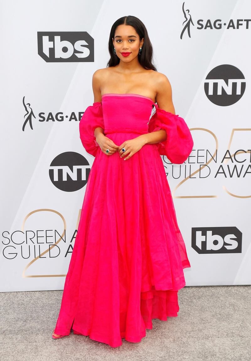 Laura Harrier in Loewe at the 25th annual Screen Actors Guild Awards ceremony in Los Angeles on January 27, 2019. EPA