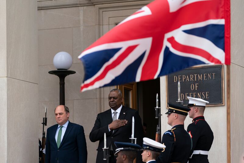 US Defence Secretary Lloyd Austin, right, with Mr Wallace during an honour cordon ceremony at the Pentagon in May. AP