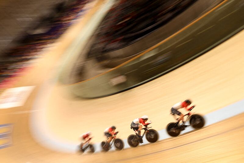 Canada's Maggie Coles-Lyster, Sarah van Dam, Erin J Attwell, Ariane Bonhomme in action during the women's elite team pursuit qualifiers at the Emirates Arena in Glasgow, Scotland. Reuters