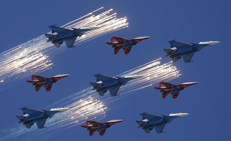 MiG-29 and Su-30 fighter jets seen during a rehearsal for a World War II anniversary parade in Moscow. Maxim Shemetov / Reuters