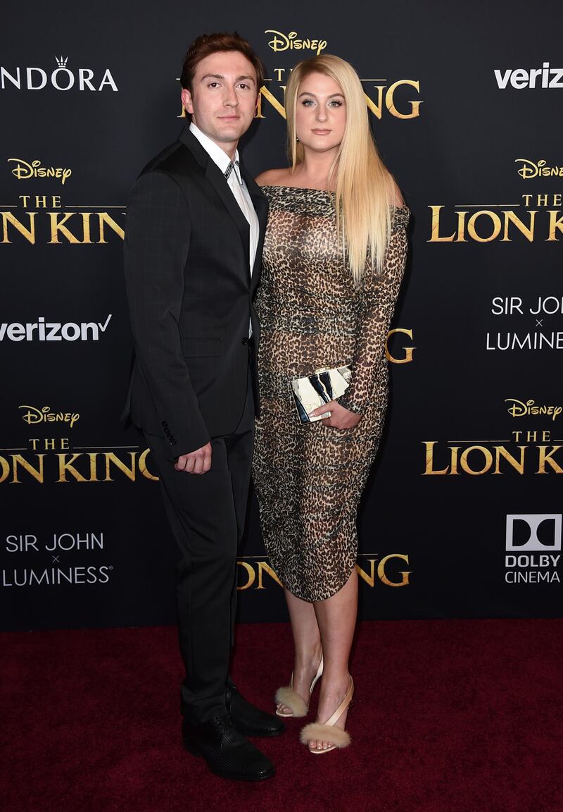 Meghan Trainor, right, and Daryl Sabara arrive for the world premiere of Disney's 'The Lion King' at the Dolby Theatre on July 9, 2019. AP