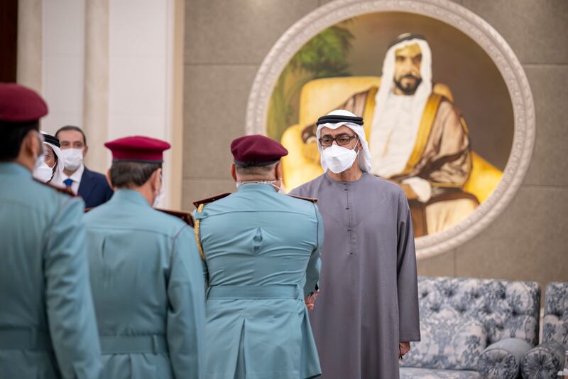 President Sheikh Mohamed bin Zayed receives a mourner during condolences after the death of Sheikh Khalifa.