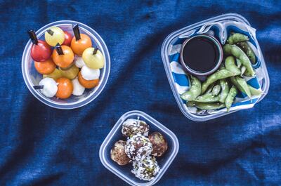 Healthy lunch box filler ideas. Cherry tomato skewers, edamame, date balls
