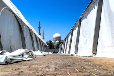 Sheikh Zayed Grand Mosque after Ramadan in 2018. There will be no iftar tents this year under precautions to prevent the spread of Covid-19. Victor Besa / The National 