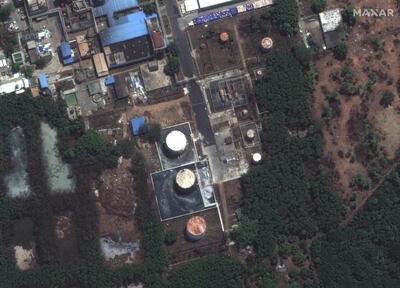 A satellite image shows the aftermath of the gas leak at the LG Polymer plant, on the outskirts of the city of Visakhapatnam, India,  May 7, 2020. Picture taken May 7, 2020. Satellite image ©2020 Maxar Technologies/Handout via REUTERS ATTENTION EDITORS - THIS IMAGE HAS BEEN SUPPLIED BY A THIRD PARTY. NO RESALES. NO ARCHIVES. MANDATORY CREDIT. MUST NOT OBSCURE LOGO.