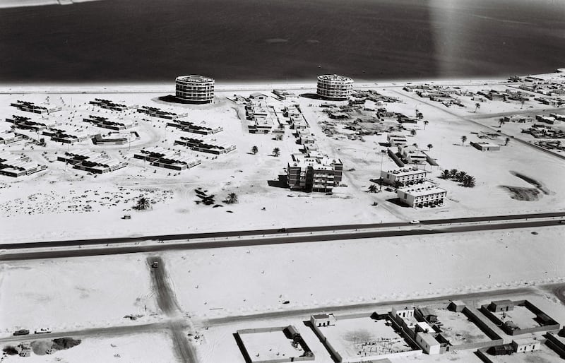 An aerial shot of Abu Dhabi from the 1970s shows the early days of the Corniche. Photo: Ron McCulloch