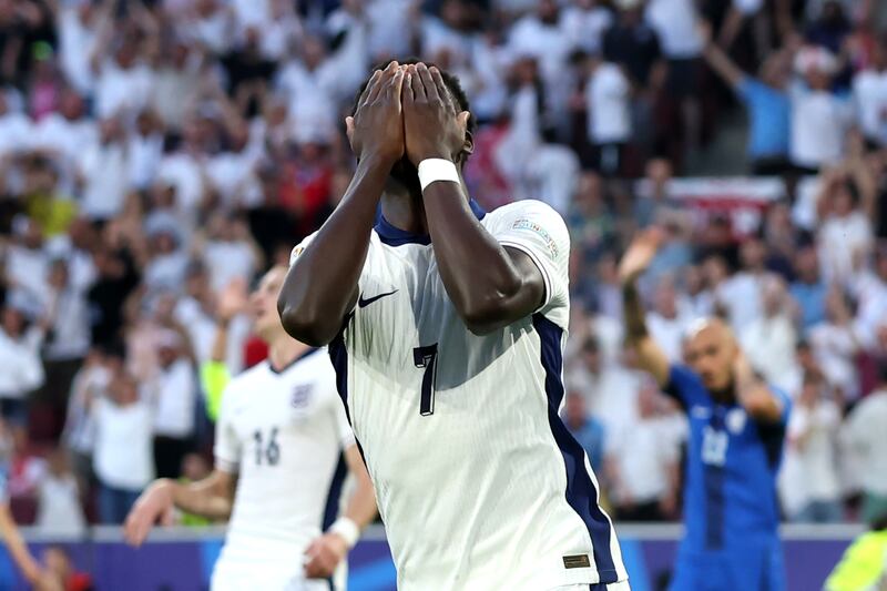England's Bukayo Saka reacts after scoring a goal that was chalked off. Getty Images