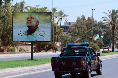 A poster of Abu Mahdi Al Muhandis  is seen in Baghdad, Iraq. AP Photo