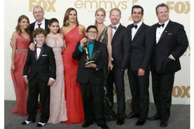 The cast of Modern Family from left, Sarah Hyland, Nolan Gould, Ed O'Neill, Ariel Winter, Sofia Vergara, Rico Rodriguez, Julie Bowen, Jesse Tyler Ferguson, Ty Burrell and Eric Stonestreet.