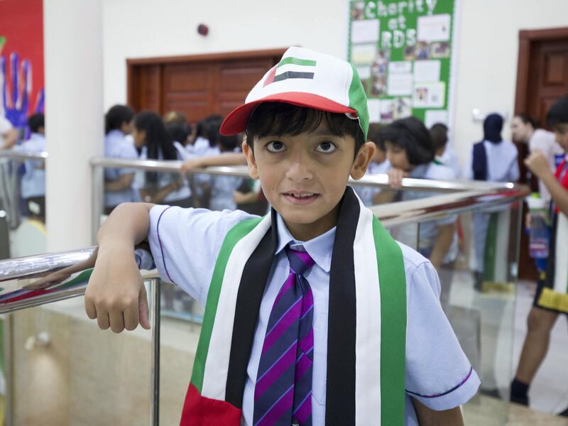 DUBAI, UNITED ARAB EMIRATES - A student from Gems Royal Dubai School speaking at UAE flag day.  Leslie Pableo for The National fro Anam Rizvi’s story