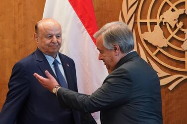 Yemen's President Abdrabu Mansur Hadi meets UN Secretary General Antonio Guterres during the UN General Assembly in September 2018. AFP