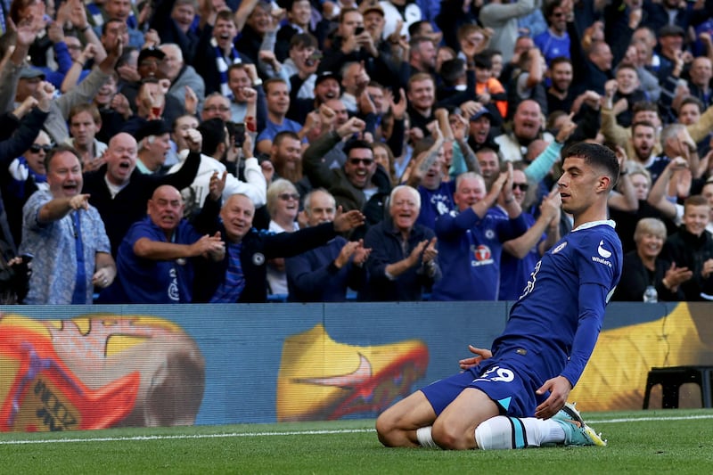 Chelsea's Kai Havertz celebrates scoring the first goal in the 3-0 Premier League win against Wolves at Stamford Bridge on October 8, 2022. AFP