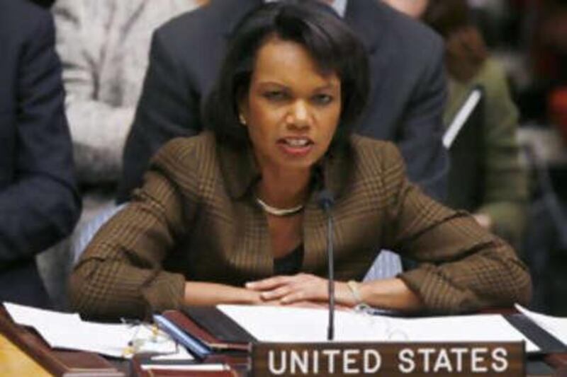 Condoleezza Rice addresses a meeting of the United Nations Security Council.