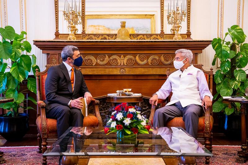 Sheikh Abdullah bin Zayed, the UAE Minister of Foreign Affairs and International Cooperation, meets Dr. Subrahmanyam Jaishankar, Indian Minister of External Affairs, to discuss the historic UAE-India friendship ties and ways of enhancing aspects of joint cooperation and partnership to serve the mutual interests of the two countries and their people. Courtesy MOFAIC