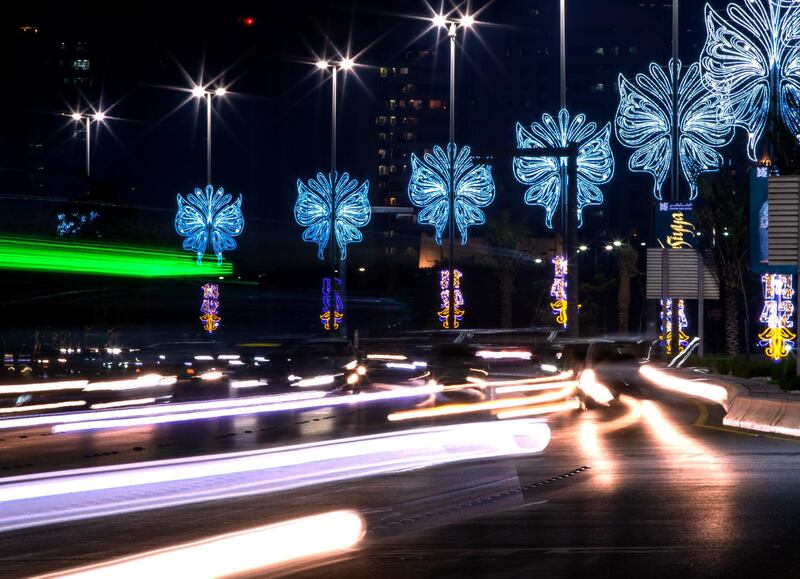 Abu Dhabi, United Arab Emirates, August 15, 2020.  Islamic, or Hijri Neaw Year lights are turned on at the Corniche.  The UAE Ministry of Human Resources and Emeratisation announced all employees would get a public holiday on August 23, the day that marks the beginning of the new Islamic year 1442.
Victor Besa /The National
Section:  NA
For:  Standalone/Stock Images