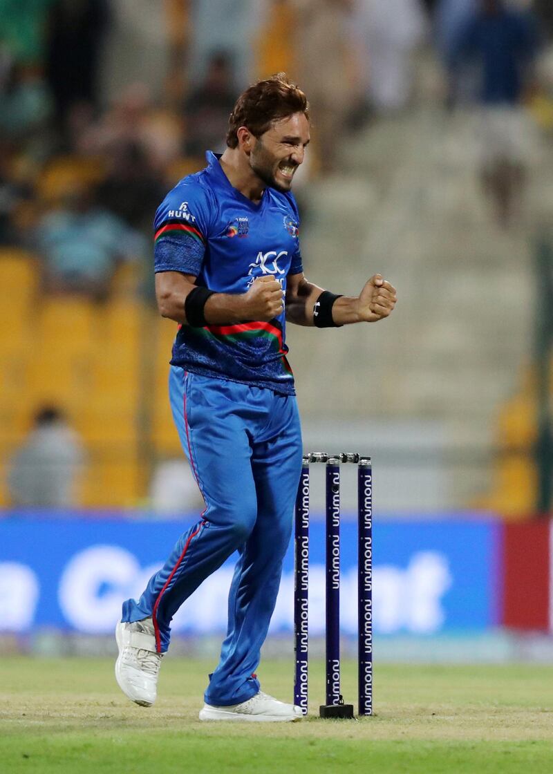 ABU DHABI , UNITED ARAB EMIRATES, September 17 , 2018 :- Gulbadin Naib of Afghanistan celebrating after taking the wicket of Upul Tharanga during  the Asia Cup UAE 2018 cricket match between Afghanistan vs Sri Lanka at Sheikh Zayed Cricket Stadium in Abu Dhabi. ( Pawan Singh / The National )  For News/ Sports /Instagram. Story by Amith