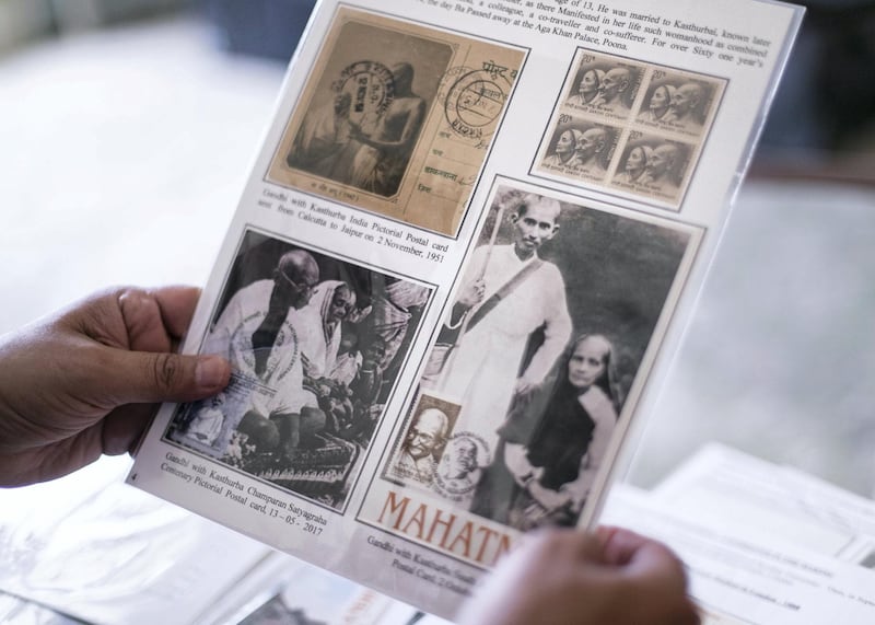 DUBAI, UNITED ARAB EMIRATES - JULY 25 2019. Ummer Farook browses his Ghandi stamps collection.
Umer won a silver award for his collection on Gandhi at a recent international exhibition in China. His award winning collection on Gandhi shows stamps issued by more than 100 countries with images of the non-violence leader as a young law student and leading India’s independence struggle against British colonial rule. More than 20 countries have issued stamps over the past year to commemorate the 150th birth anniversary celebrations that began in October last year.

(Photo by Reem Mohammed/The National)
 
Reporter: RAMOLA TALWAR
Section: NA