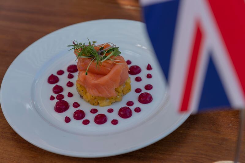 A smoked salmon rose over a bed of roasted butternut squash and ginger beetroot drops by chef Vineet Bhatia at Expo 2020 Dubai. All photos by Antonie Robertson / The National, unless otherwise specified