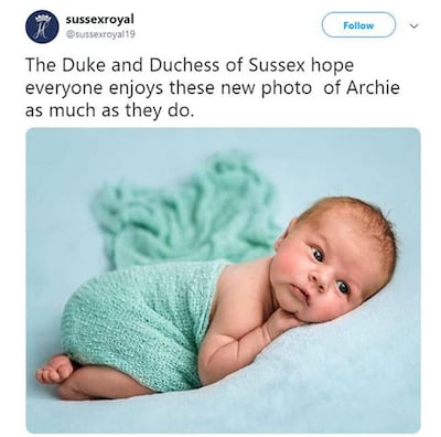 A photo from a fake Sussex Royal Twitter acount went viral this week, but it is not a photo of baby Archie. Twitter 